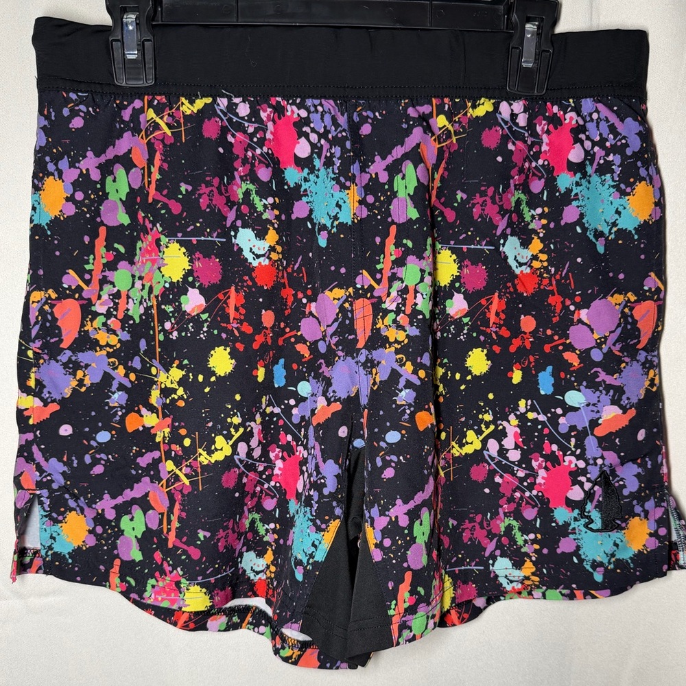Tachuntfish Men’s 6” Black‎ Neon Paint Splatter Athletic Training Shorts LARGE